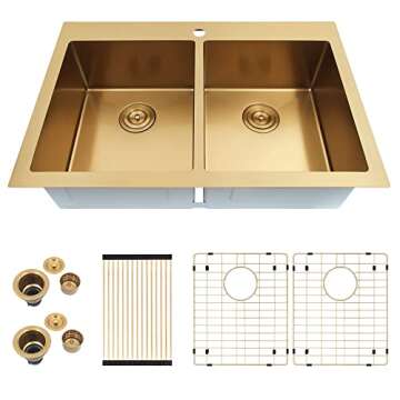 Zeesink Double Bowl Kitchen Sink,Drop in Kitchen Sink 33 X 22 inch,Gold Kitchen Sink,Top Mount Stain...