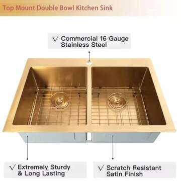 Zeesink Double Bowl Kitchen Sink,Drop in Kitchen Sink 33 X 22 inch,Gold Kitchen Sink,Top Mount Stainless Steel Kitchen Sinks