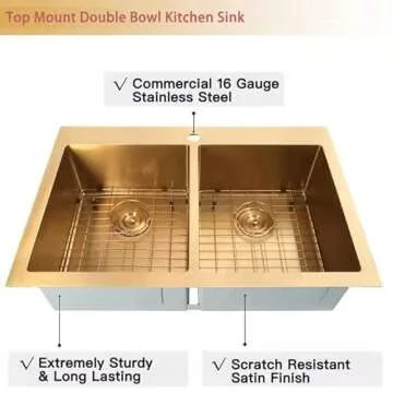 Zeesink Double Bowl Kitchen Sink,Drop in Kitchen Sink 33 X 22 inch,Gold Kitchen Sink,Top Mount Stainless Steel Kitchen Sinks