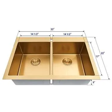 Zeesink Double Bowl Kitchen Sink,Drop in Kitchen Sink 33 X 22 inch,Gold Kitchen Sink,Top Mount Stainless Steel Kitchen Sinks