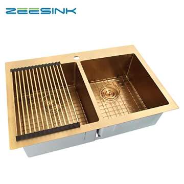 Zeesink Double Bowl Kitchen Sink,Drop in Kitchen Sink 33 X 22 inch,Gold Kitchen Sink,Top Mount Stainless Steel Kitchen Sinks
