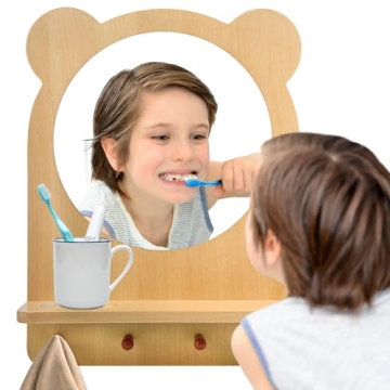 Kizfarm Montessori Wooden Acrylic Wall Mirror for Toddlers, Entryway Mirror with Hooks and Shelf, Un...