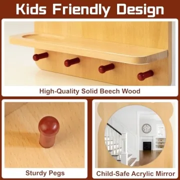 Kizfarm Montessori Toddler Mirror with Hooks and Shelf