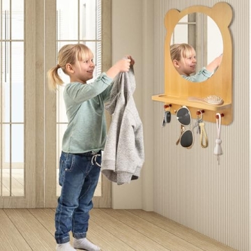 Kizfarm Montessori Toddler Mirror with Hooks and Shelf