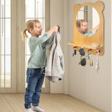 Kizfarm Montessori Toddler Mirror with Hooks and Shelf