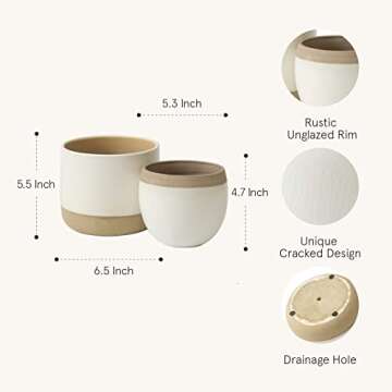LA JOLIE MUSE White Ceramic Flower Plant Pots - 6.5 + 4.9 Inch Indoor Planters, Plant Containers with Beige and Cracked Detailing