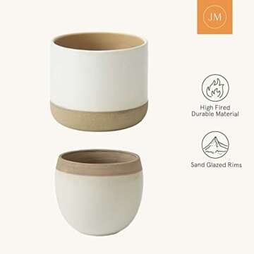 LA JOLIE MUSE White Ceramic Flower Plant Pots - 6.5 + 4.9 Inch Indoor Planters, Plant Containers with Beige and Cracked Detailing