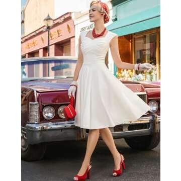 MUXXN Women's 1950s Retro Vintage Midi Cap Sleeve Formal Bridesmaid Cocktail Party Swing Dress Off White L