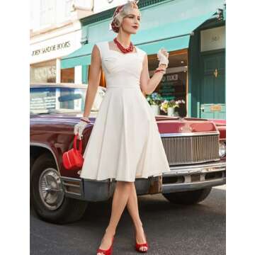 MUXXN Women's 1950s Retro Vintage Midi Cap Sleeve Formal Bridesmaid Cocktail Party Swing Dress Off White L