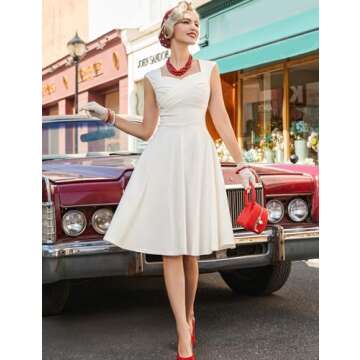 MUXXN Women's 1950s Retro Vintage Midi Cap Sleeve Formal Bridesmaid Cocktail Party Swing Dress Off White L
