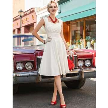 MUXXN Women's 1950s Retro Vintage Midi Cap Sleeve Formal Bridesmaid Cocktail Party Swing Dress Off White L
