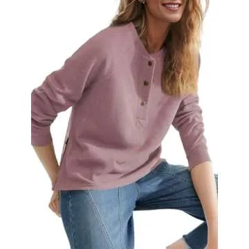 Wenrine Women's Long Sleeve Sweatshirts Half Button Crewneck Casual Raglan Side Zipper Split Pullover Dark Pink