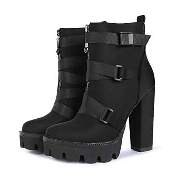 wetkiss Platform Boots for Women, Heeled Combat Boots Chunky Heel Booties Round Toe Lace Up High Heel Ankle Boots