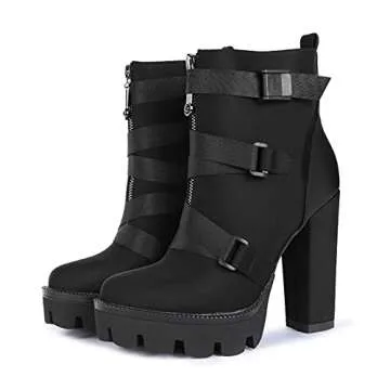 wetkiss Platform Boots for Women, Heeled Combat Boots Chunky Heel Booties Round Toe Lace Up High Heel Ankle Boots