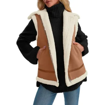 AUTOMET Womens Winter Suede Sherpa Lined Leather Vest Jacket 2025 Faux Zip Up Sleeveless Lambwool Fur Coat with Pockets Outerwear Brown M