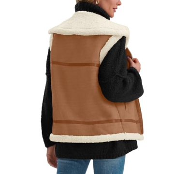AUTOMET Womens Winter Suede Sherpa Lined Leather Vest Jacket 2025 Faux Zip Up Sleeveless Lambwool Fur Coat with Pockets Outerwear Brown M