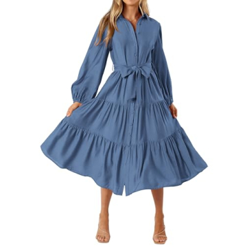 MASCOMODA Womens Dresses 2024 Fall Long Sleeve Midi Dress Casual V Neck Button Down Tiered Flowy Ali...