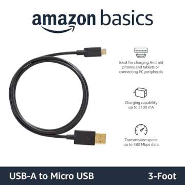 Amazon Basics USB-A to Micro USB Charging Cable, 480Mbps Transfer Speed with Gold-Plated Plugs, USB 2.0, 3 Foot, Black
