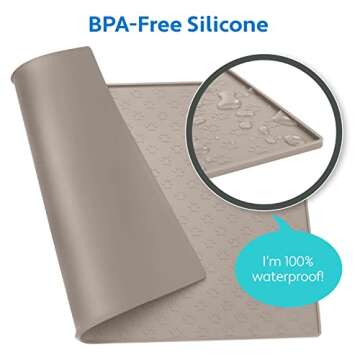 MIGHTY MONKEY 100% Waterproof Dog Food Mat, Raised Edges Silicone Pet Feeding Placemat for Cat, Dogs, Pet Bowls, High Lipped Tray Prevents Water Spills, Food on Floor, Dishwasher Safe, 18x12, Beige