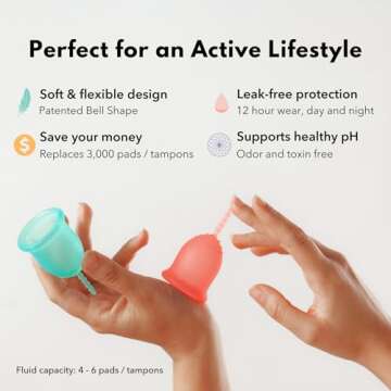 Lena Menstrual Cups, Reusable Period Cup, Tampons,Period Underwear and Menstrual Pads Alternative, Feminine Care, FSA Eligible, Silicone Menstrual Cup, Made in USA, Small & Large, Pink & Turquoise