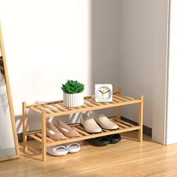 RONGJIA 2 Tier Bamboo Shoe Rack for Closet Free Standing Wood Shoe Shelf Storage Organizer for Entryway Small Space Stackable, Natural