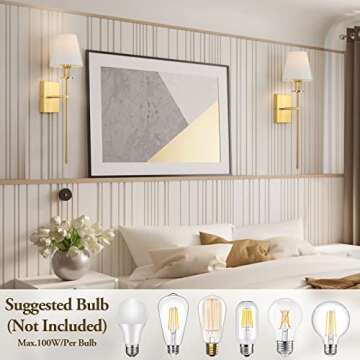Set of 2 Gold Slim Wall Sconces with White Lampshade, Plug in or Hardwired Indoor Wall Light, Rustic Wall Mount Lantern Fixture Bedroom Brass Metal Stand Wall Lamp for Living Room Vanity Bathroom
