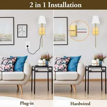 Set of 2 Gold Slim Wall Sconces with White Lampshade, Plug in or Hardwired Indoor Wall Light, Rustic Wall Mount Lantern Fixture Bedroom Brass Metal Stand Wall Lamp for Living Room Vanity Bathroom
