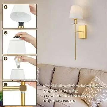 Set of 2 Gold Slim Wall Sconces with White Lampshade, Plug in or Hardwired Indoor Wall Light, Rustic Wall Mount Lantern Fixture Bedroom Brass Metal Stand Wall Lamp for Living Room Vanity Bathroom