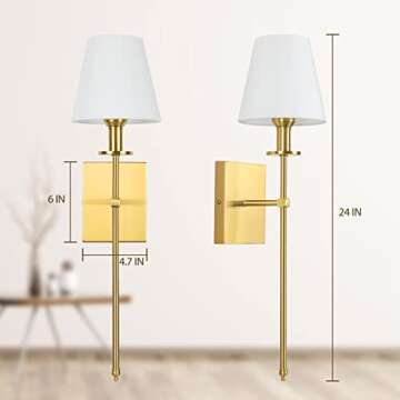 Set of 2 Gold Slim Wall Sconces with White Lampshade, Plug in or Hardwired Indoor Wall Light, Rustic Wall Mount Lantern Fixture Bedroom Brass Metal Stand Wall Lamp for Living Room Vanity Bathroom