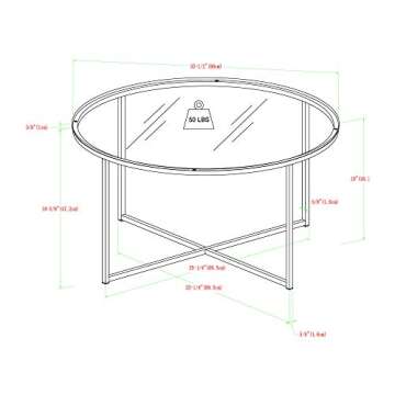 Walker Edison Cora Modern Round Faux Glass Top Coffee Table with X Base, 36 Inch, Glass and Gold