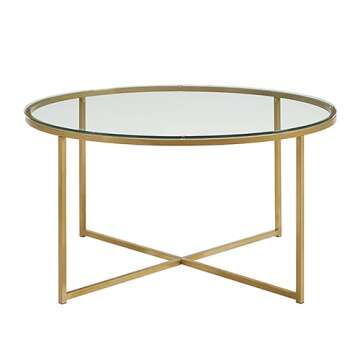 Walker Edison Cora Modern Round Faux Glass Top Coffee Table with X Base, 36 Inch, Glass and Gold