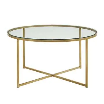 Walker Edison Cora Modern Round Faux Glass Top Coffee Table with X Base, 36 Inch, Glass and Gold