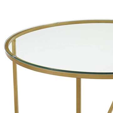 Walker Edison Cora Modern Round Faux Glass Top Coffee Table with X Base, 36 Inch, Glass and Gold