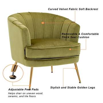 Artechworks Modern Velvet Barrel Chair Accent Armchair with Golden Legs for Living Room Bedroom Home Office, Channel Tufted Back Club Chair, Grass Green