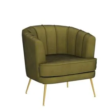 Artechworks Modern Velvet Barrel Chair Accent Armchair with Golden Legs for Living Room Bedroom Home Office, Channel Tufted Back Club Chair, Grass Green