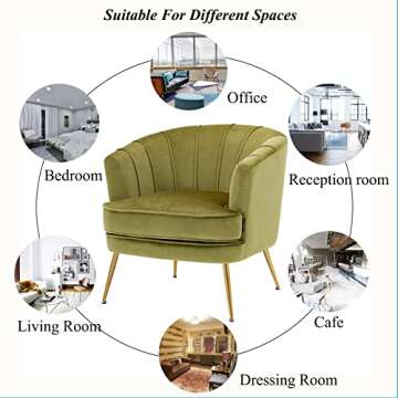 Artechworks Modern Velvet Barrel Chair Accent Armchair with Golden Legs for Living Room Bedroom Home Office, Channel Tufted Back Club Chair, Grass Green