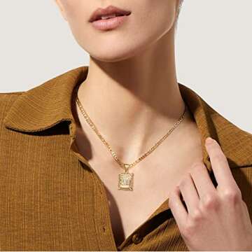 KissYan Initial Letter Pendant Necklace for Mens Womens, 14K Gold Plated Square Capital Monogram Necklaces Alhpabets from A-Z Figaro Chain Jewelry Gift(Hollow White Letter E)