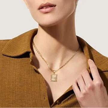 KissYan Initial Letter Pendant Necklace for Mens Womens, 14K Gold Plated Square Capital Monogram Necklaces Alhpabets from A-Z Figaro Chain Jewelry Gift(Hollow White Letter E)