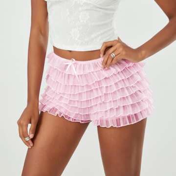 Women Lolita Lace Ruffled Layered Shorts Y2k Fairy Tiered Bloomers Pumpkin Party Festival Boy Shorts Pettipants (Lace Pink, XS)