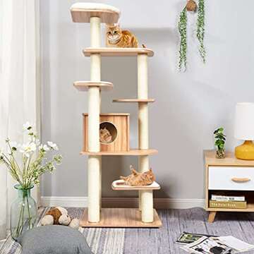 Tangkula Tall Cat Tree, 69-Inch Modern Cat Tower with Sisal Rope Scratching Posts, Wood Cat Tree wit...
