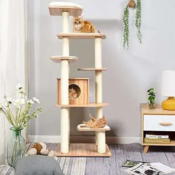 Tangkula Tall Cat Tree, 69-Inch Modern Cat Tower with Sisal Rope Scratching Posts, Wood Cat Tree wit...