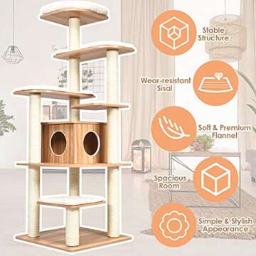Tangkula Tall Cat Tree, 69-Inch Modern Cat Tower with Sisal Rope Scratching Posts, Wood Cat Tree with Multi-Layer Platform, Cat Condo Furniture with Washable Cushions for Indoor Cats Large Adult