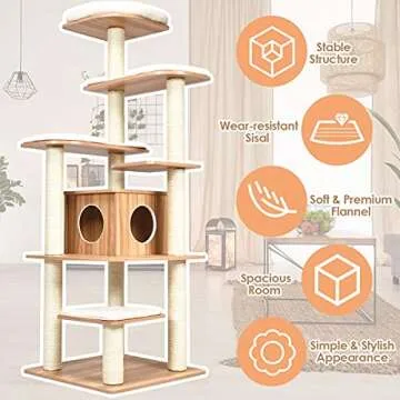 Tangkula Tall Cat Tree, 69-Inch Modern Cat Tower with Sisal Rope Scratching Posts, Wood Cat Tree with Multi-Layer Platform, Cat Condo Furniture with Washable Cushions for Indoor Cats Large Adult