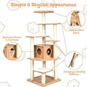 Tangkula Tall Cat Tree, 69-Inch Modern Cat Tower with Sisal Rope Scratching Posts, Wood Cat Tree with Multi-Layer Platform, Cat Condo Furniture with Washable Cushions for Indoor Cats Large Adult