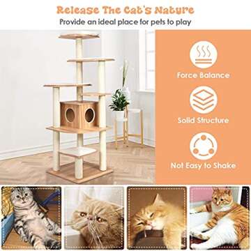 Tangkula Tall Cat Tree, 69-Inch Modern Cat Tower with Sisal Rope Scratching Posts, Wood Cat Tree with Multi-Layer Platform, Cat Condo Furniture with Washable Cushions for Indoor Cats Large Adult