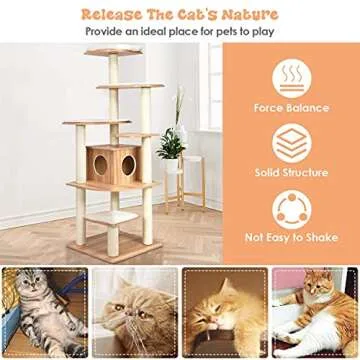 Tangkula Tall Cat Tree, 69-Inch Modern Cat Tower with Sisal Rope Scratching Posts, Wood Cat Tree with Multi-Layer Platform, Cat Condo Furniture with Washable Cushions for Indoor Cats Large Adult