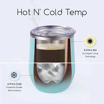 Maars Bev Stainless Steel Stemless Wine Glass Tumbler with Lid, Vacuum Insulated 12 oz Cup | Spill Proof, Travel Friendly, Fun Cocktail Drinkware - Seafoam Blue