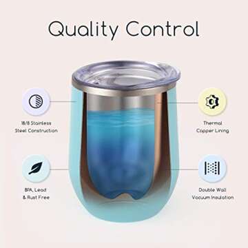 Maars Bev Stainless Steel Stemless Wine Glass Tumbler with Lid, Vacuum Insulated 12 oz Cup | Spill Proof, Travel Friendly, Fun Cocktail Drinkware - Seafoam Blue