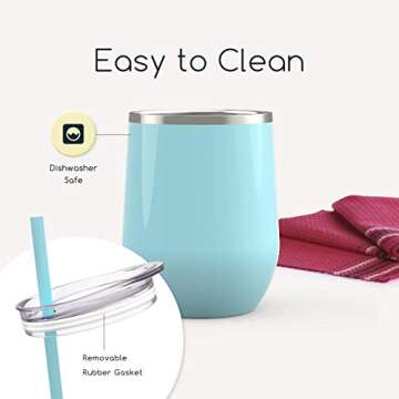 Maars Bev Stainless Steel Stemless Wine Glass Tumbler with Lid, Vacuum Insulated 12 oz Cup | Spill Proof, Travel Friendly, Fun Cocktail Drinkware - Seafoam Blue
