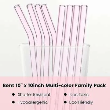 Aokdlia Pink Reusable Glass Straws for Smoothies and More